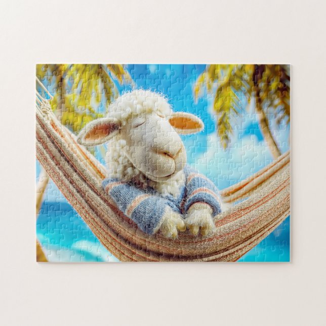 Sheep in hammock under palm tree pussel (Horisontell)