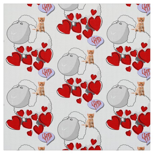 Sheep Red Hearts Kitten Fabric Tyg (Provkarta)