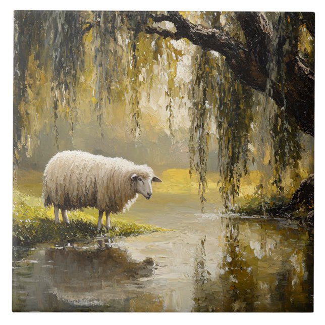 Sheep Under A Willow Tree Painting Kakelplatta (Framsidan)