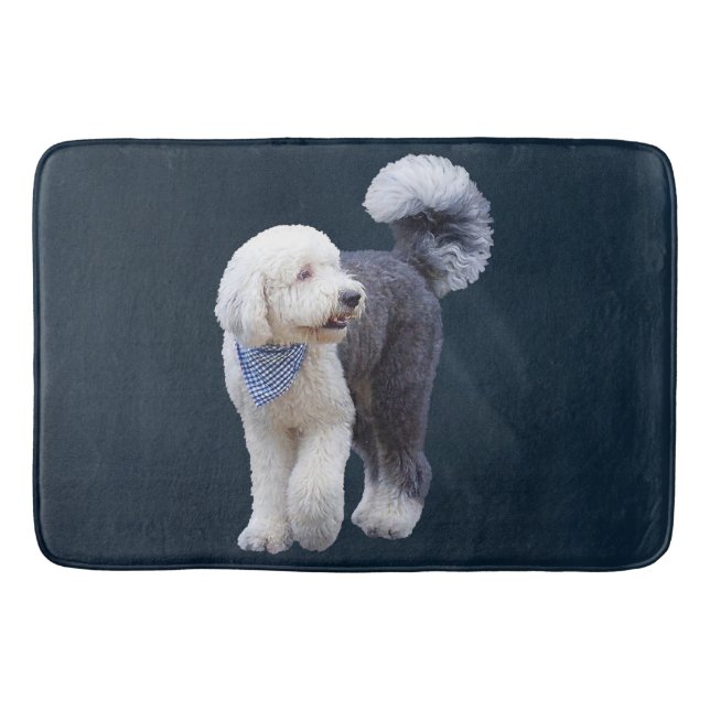 Sheepadoodle med blå rutig halsduk badrumsmatta (Framsidan)