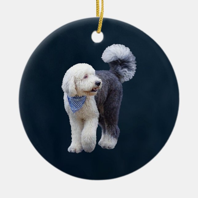 Sheepadoodle med blå rutig halsduk julgransprydnad keramik (Framsidan)