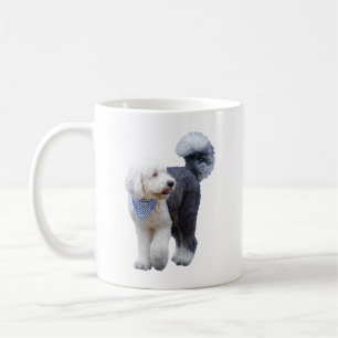 Sheepadoodle med blå rutig halsduk kaffemugg