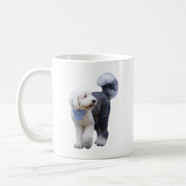 Sheepadoodle med blå rutig halsduk kaffemugg (Vänster)