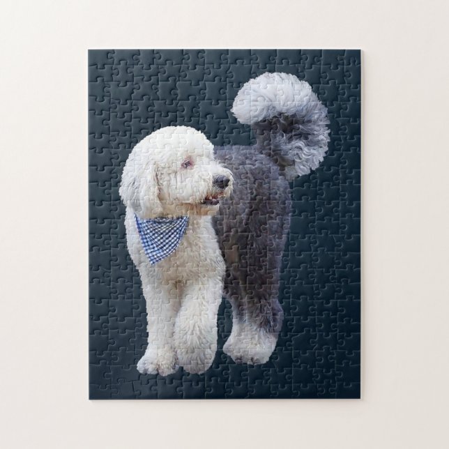 Sheepadoodle med blå rutig halsduk pussel (Vertikal)