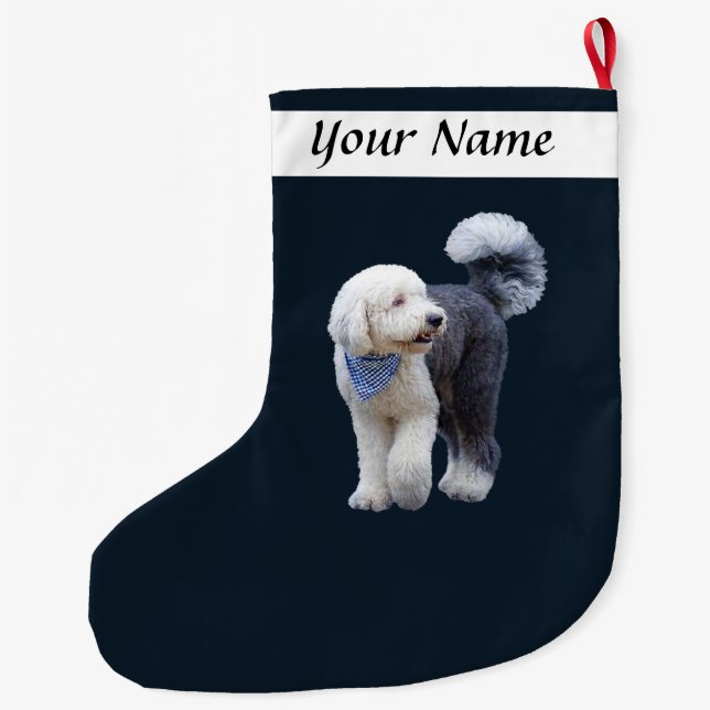 Sheepadoodle med blå rutig halsduk stor julstrumpa (Baksidan)