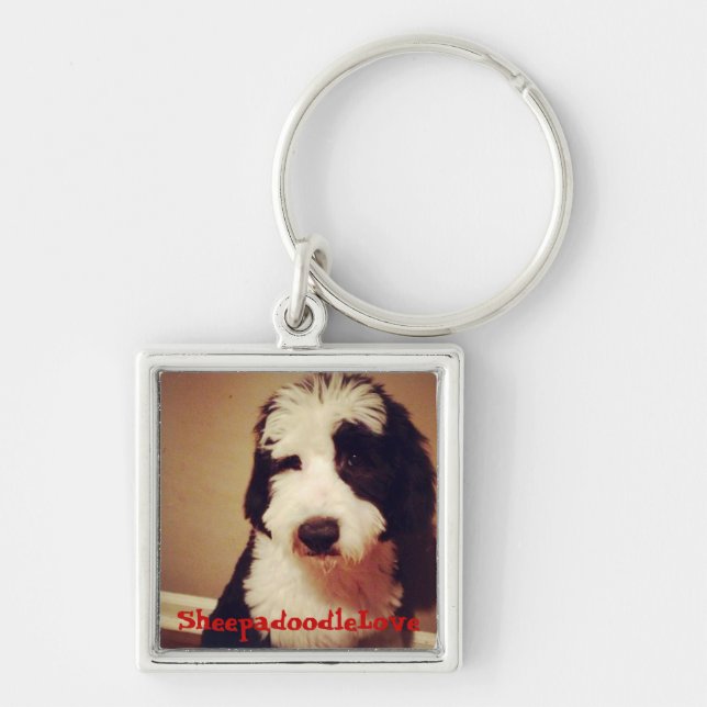 Sheepadoodle objekt fyrkantig silverfärgad nyckelring (Framsidan)