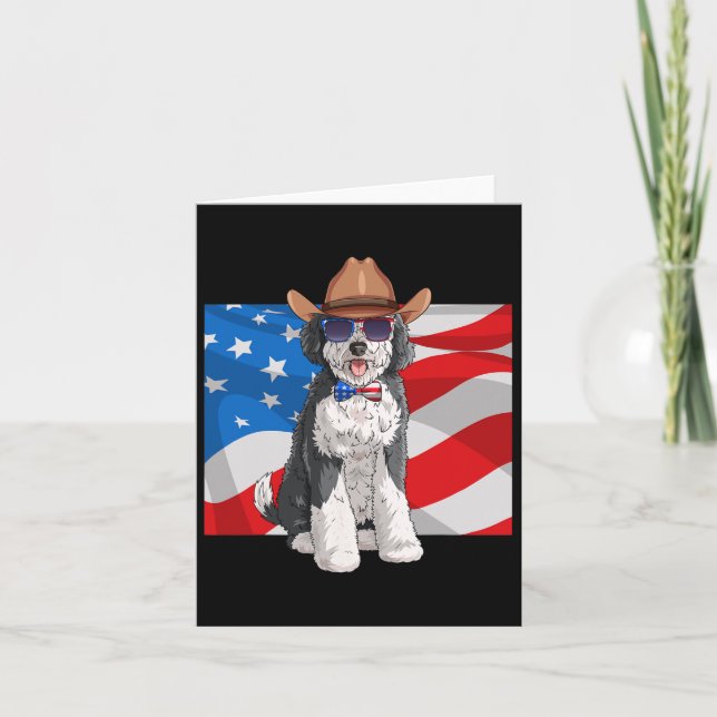 Sheepadoodle Patriotisk Merica 4:e Juli Amerikansk Kort (Framsida)