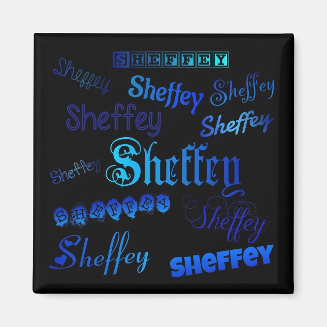 Sheffey Typsnitt - Blue on Black magnet (Framsidan)