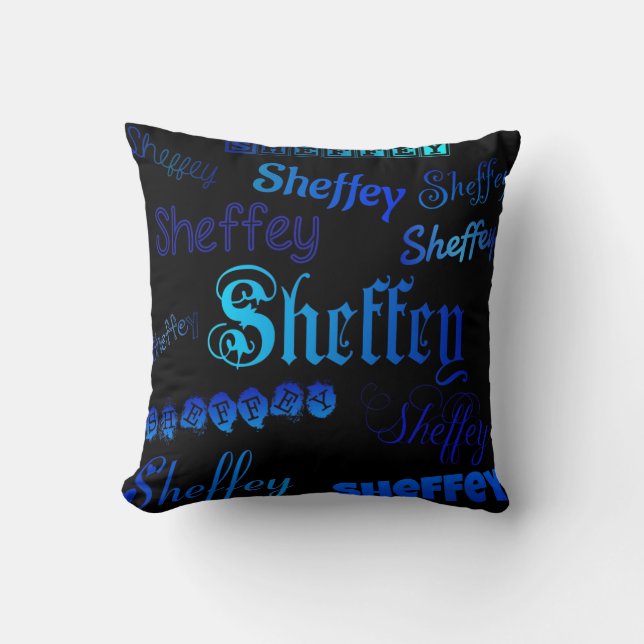 Sheffey Typsnitt - Blue på Black dekorativ kudde (Framsida)