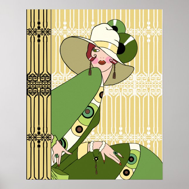 Shelby, 1920-talets Art Deco Dam i Gult och Olive Poster (Framsidan)