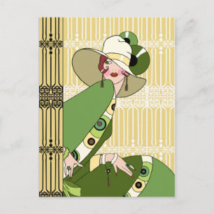 Shelby, 1920-talets Art Deco Dam i Gult och Olive Vykort