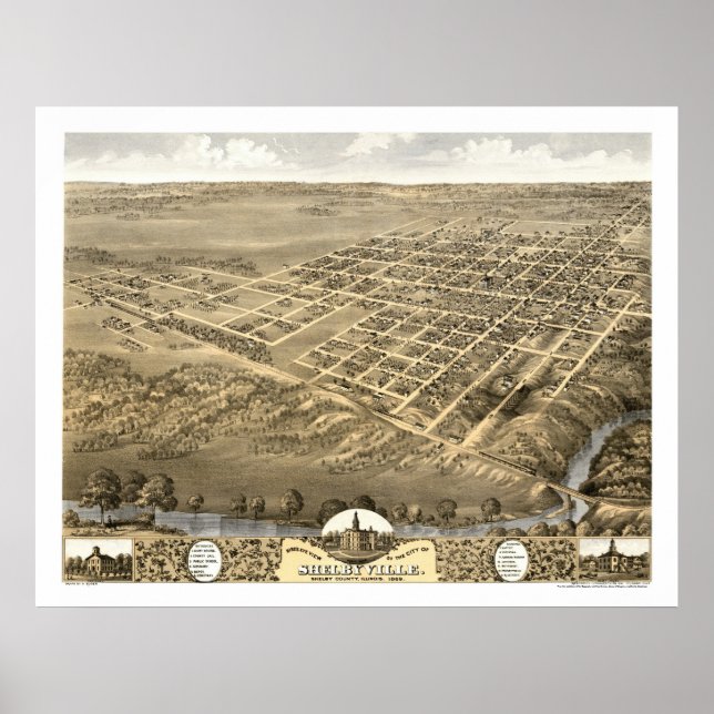Shelbyville, IL Panoramic Karta - 1869 Poster (Framsidan)
