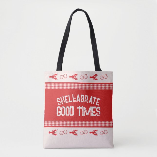 Shell-fira goda tider avslappnad seafood i gingham tygkasse (Framsida)