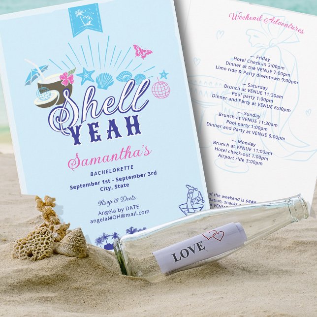 Shell Hand Drawn Something Blue Beach Bachelorette Inbjudningar (Shell Yeah Hand Drawn Something Blue Beach Tropical Island Weekend Itinerary Bachelorette Invitation)