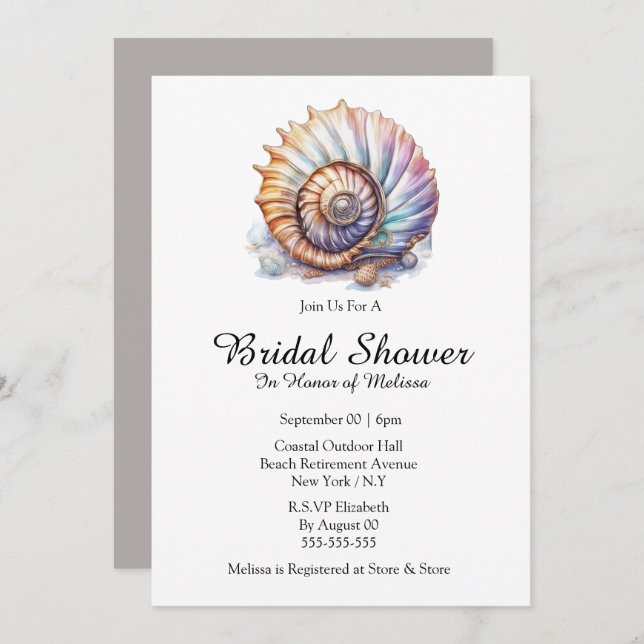 Shell nautisk strand möhippa taupe white inbjudningar (Fram/baksida)