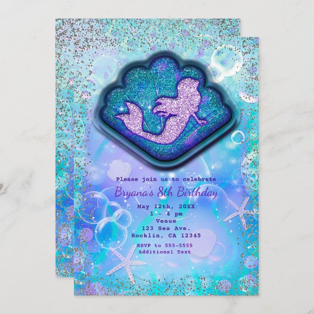 Shell Passar för en Sjöjungfru Glitter Födelsedags Inbjudningar (Fram/baksida)