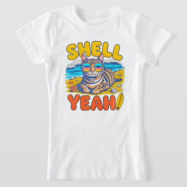 Shell Yeah Summer Cat – Cool Strand Tjej Semester  T Shirt (Laydown)