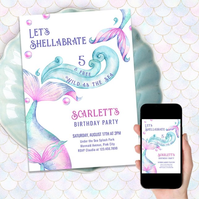 Shellabrate Sjöjungfru Svan Vild as Sea Birthday Inbjudningar (Skapare uppladdad)
