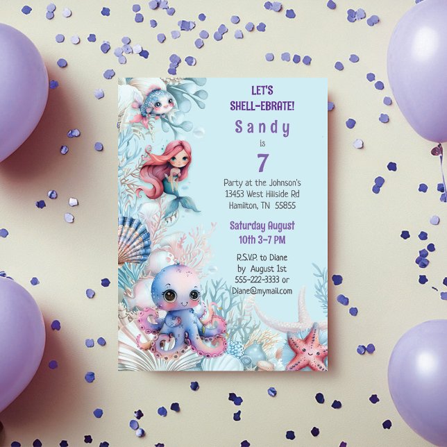 Shellebrate Colorful Sjöjungfru under Sea Inbjudningar (Mermaid Octopus puffer fish and sea star under the sea let's shell-ebrate birthday invitation)