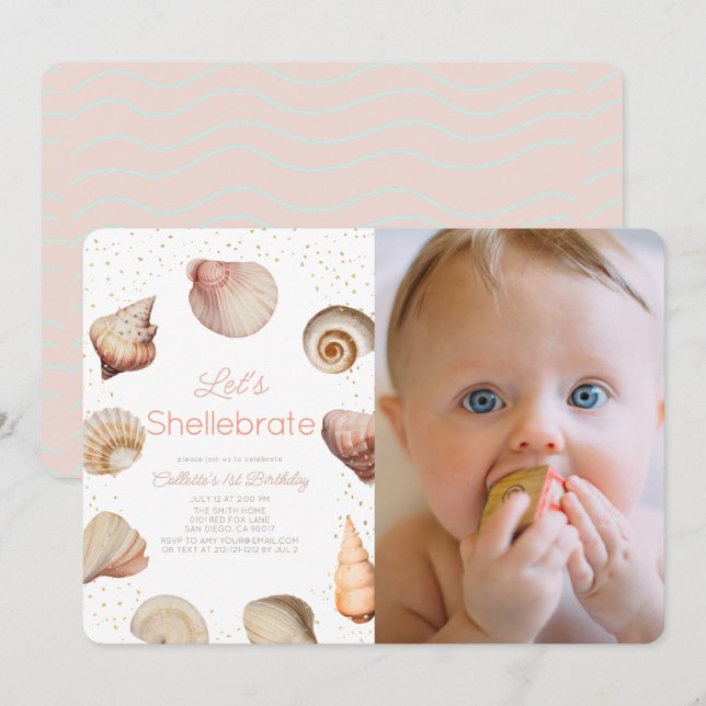 Shellebrate Seashell Realistic 1:a födelsedagsfoto Inbjudningar (Fram/baksida)