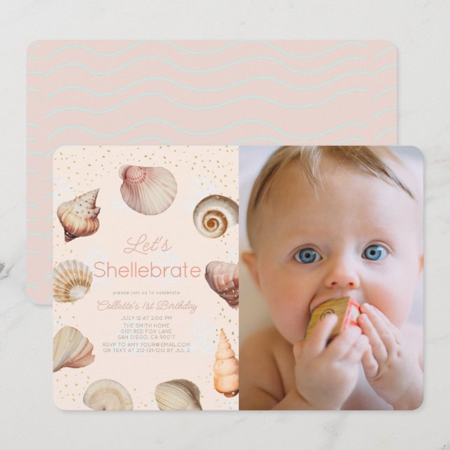 Shellebrate Seashell Realistic 1:a födelsedagsfoto Inbjudningar (Fram/baksida)