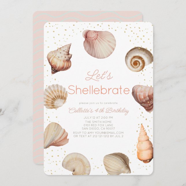 Shellebrate Seashell Realistic Birthday Inbjudningar (Fram/baksida)