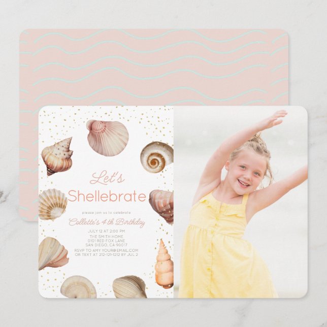Shellebrate Seashell Realistic Birthday Photo Inbjudningar (Fram/baksida)