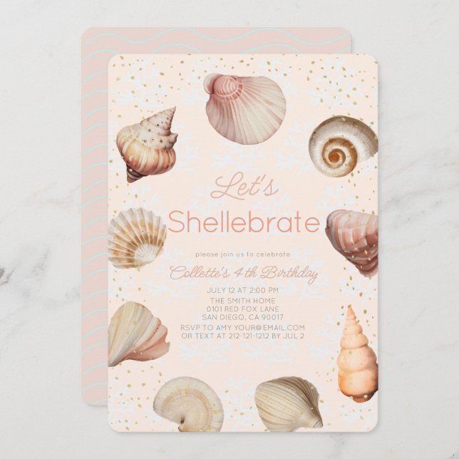 Shellebrate Seashell Realistic Rosa Birthday Inbjudningar (Fram/baksida)