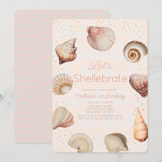 Shellebrate Seashell Realistisk Rosa 1:a födelseda Inbjudningar (Fram/baksida)