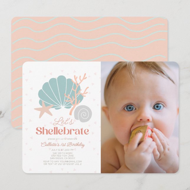 Shellebrate Seashell Retro Rosa Foto 1:a födelseda Inbjudningar (Fram/baksida)