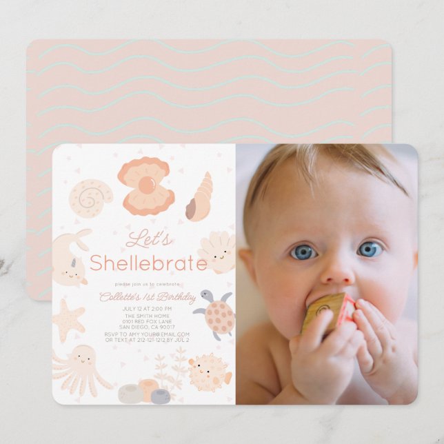Shellebrate Seashell Rosa 1:a födelsedfoto Inbjudningar (Fram/baksida)