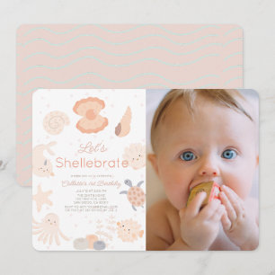 Shellebrate Seashell Rosa 1:a födelsedfoto Inbjudningar