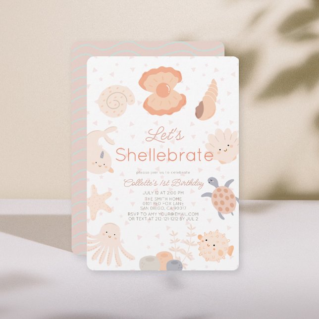 Shellebrate Seashell Skapar Rosa 1:a födelsedag Inbjudningar (Skapare uppladdad)