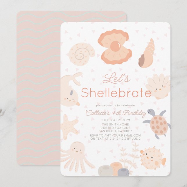 Shellebrate Seashell Skapar Rosa Birthday Inbjudningar (Fram/baksida)