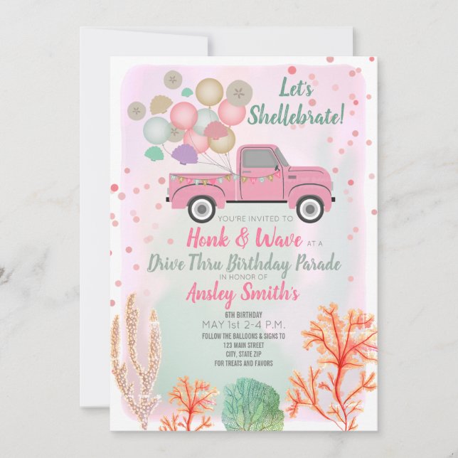 Shellebrate under Sea Drive Thru Birthday Inbjudningar (Framsida)