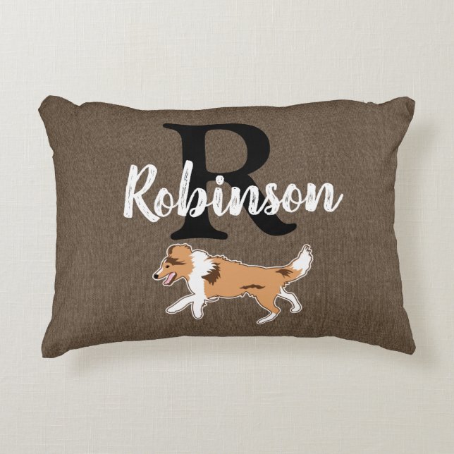Shelof Shetland Sheepdog Monogram Efternamn Prydnadskudde (Framsidan)