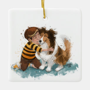 Sheltie and Boy Hund Hug Julgransprydnad Keramik