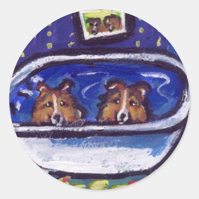 Sheltie Bathtime Runt Klistermärke (Framsida)
