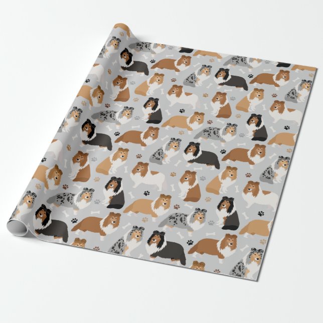 Sheltie Bones and Tass Wrapping Papper Presentpapper (Utrullad)