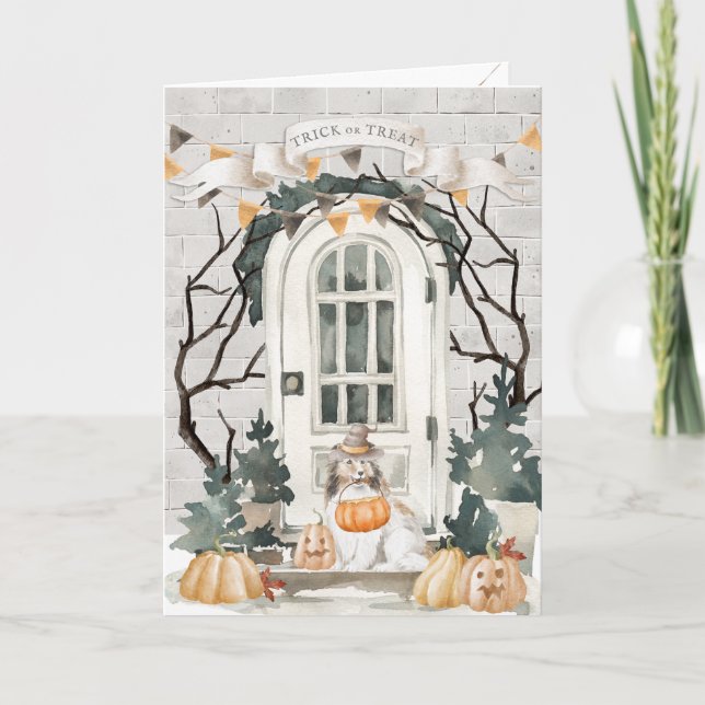 Sheltie Bus eller godis Halloween Kort (Framsida)