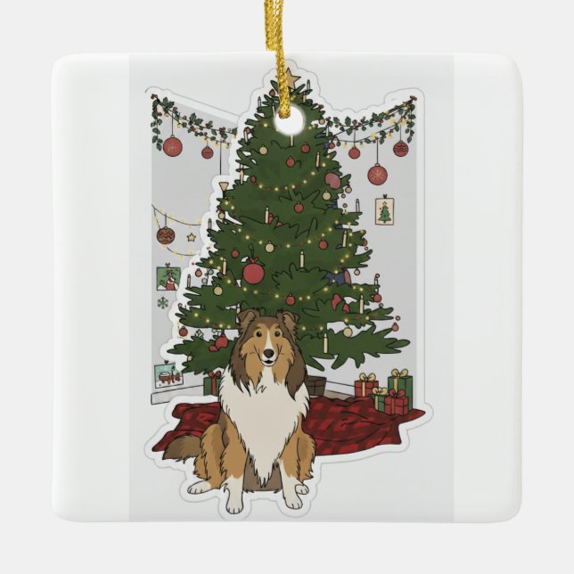 Sheltie by Christmas tree Julgransprydnad Keramik (Framsida)