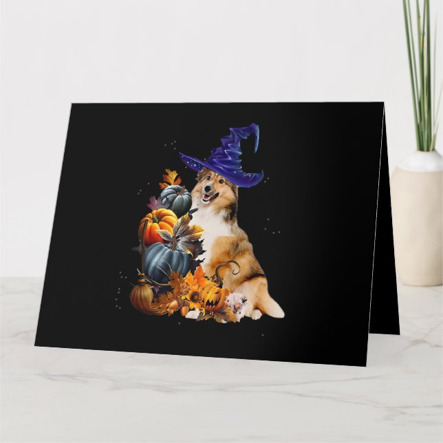 Sheltie Dog Witch And Pumpkins Halloween Thanksgiv Kort (Framsida)