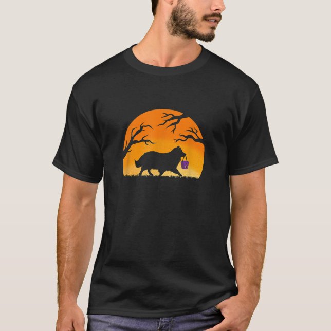 Sheltie Halloween Bus eller godis Shetland Sheepdo T Shirt (Framsida)