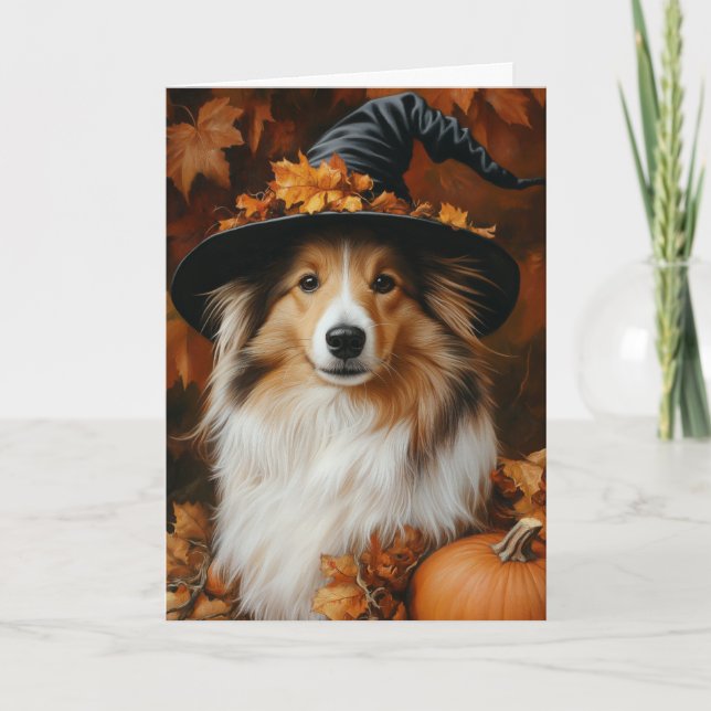 Sheltie Häxa Halloween Helgkort (Framsida)
