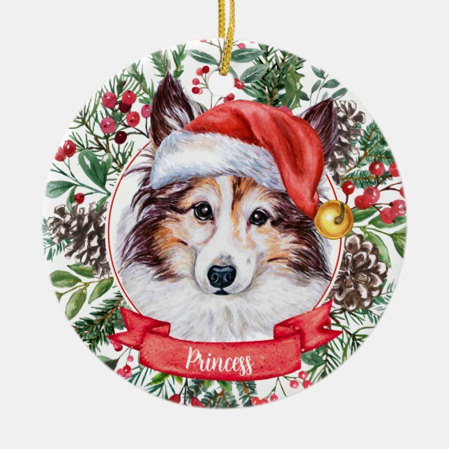 Sheltie Hund Anpassningsbar Santa Hat jul Ornament (Framsidan)