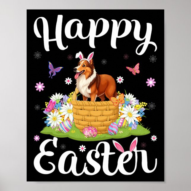 Sheltie Hund Glad Påsk Äggjakt Kanin Öra Påsk Poster (Framsidan)