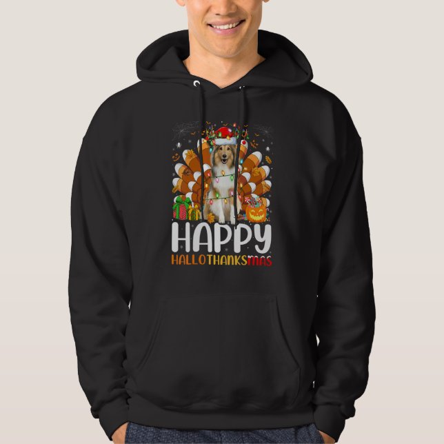 Sheltie Hund Halloween Jul Glad Hallothank Hoodie (Framsida)