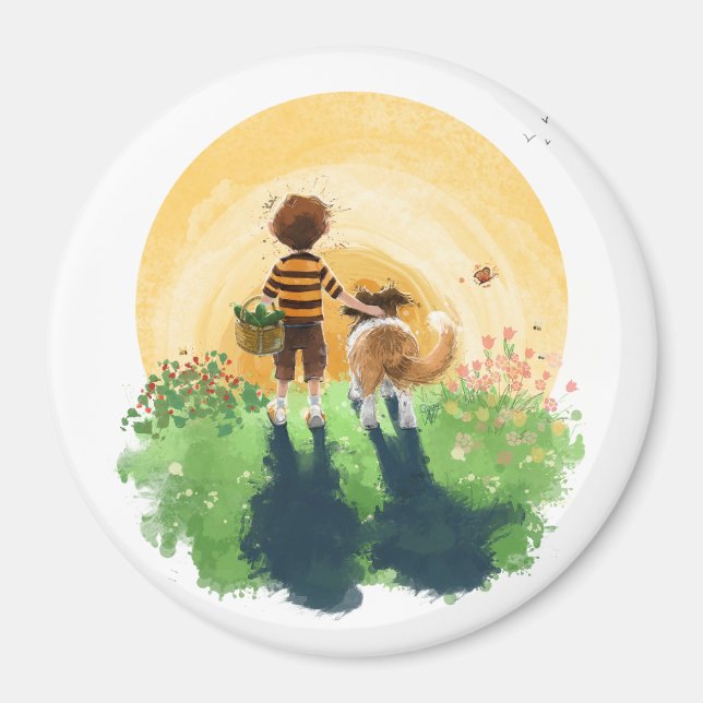 Sheltie Hund och Boy Walk in i Sunset Magnet (Framsidan)