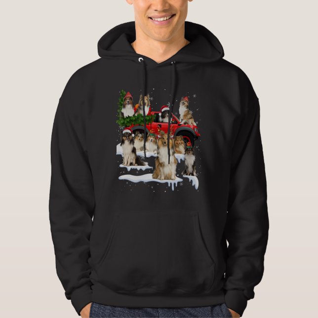 Sheltie Hund Red Lastbil Julgran Santa Ugly Xm Hoodie (Framsida)
