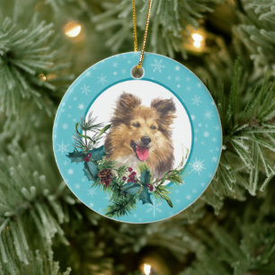 Sheltie Hund Snowflake Blue Ram Helgdag Bouquet Julgransprydnad Keramik